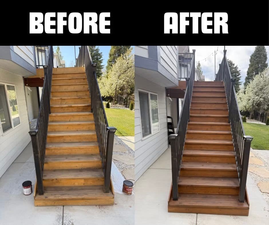 Staircase renovation showing upgraded wood finish in before and after comparison.