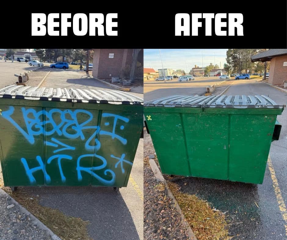 Before and after images showing a graffiti-covered dumpster cleaned up for improved appearance.