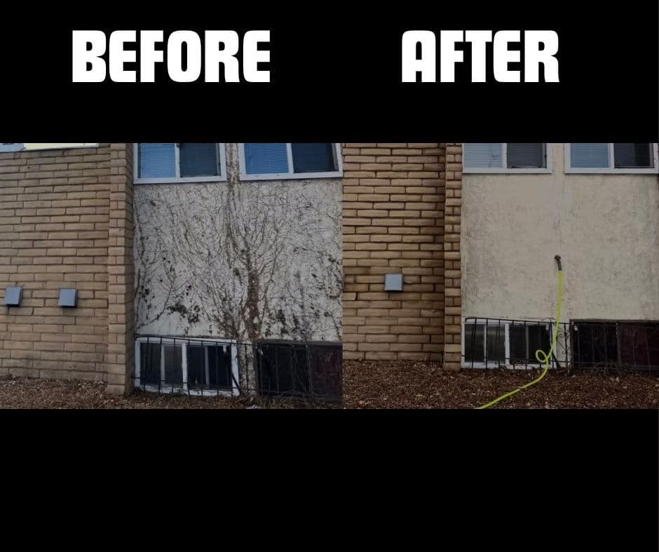 Before and after exterior cleaning of a brick wall, showing significant dirt removal.