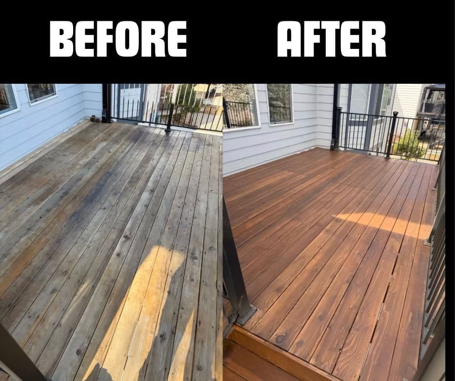 Before and after deck restoration showing improved wood color and finish.