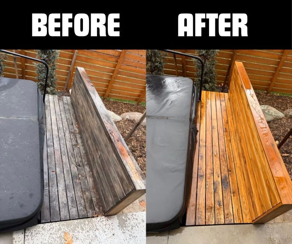 Before and after of a restored wooden bench, showing transformation from weathered to polished.