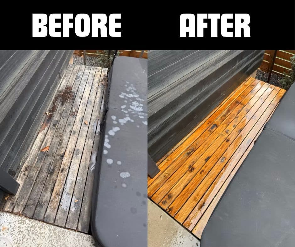 Before and after cleaning comparison of a wooden deck, showcasing significant restoration improvement.