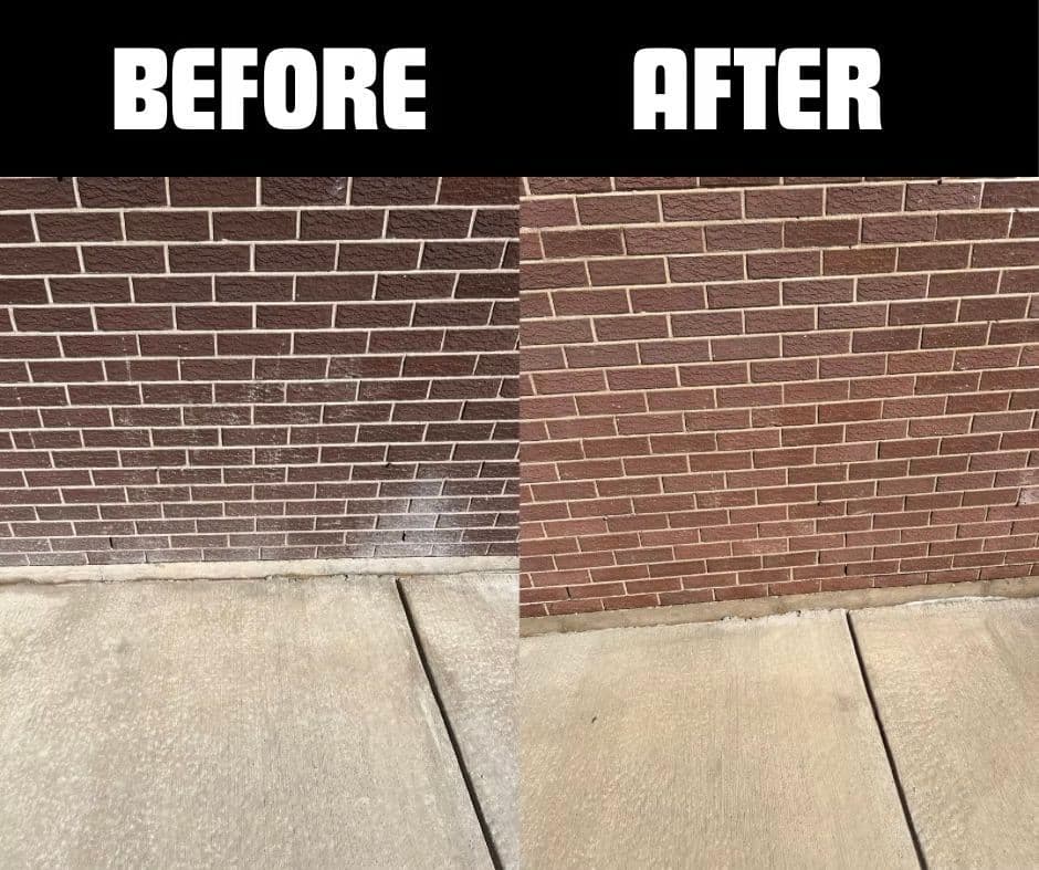 Before and after photo showing brick wall cleaning improvements. Visible dirt removal and restoration.