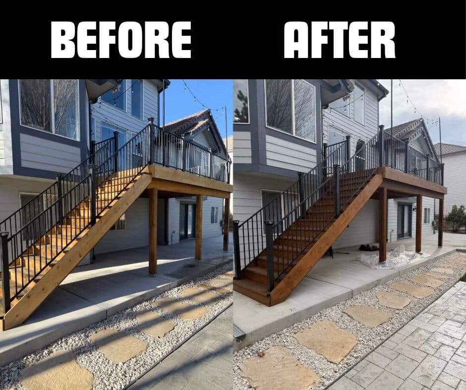 Transformation of outdoor staircase from outdated to modern, showcasing enhanced materials and design.