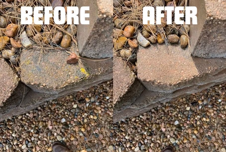 Comparison of stone wall cleaning: before and after transformation, showing clear improvement.