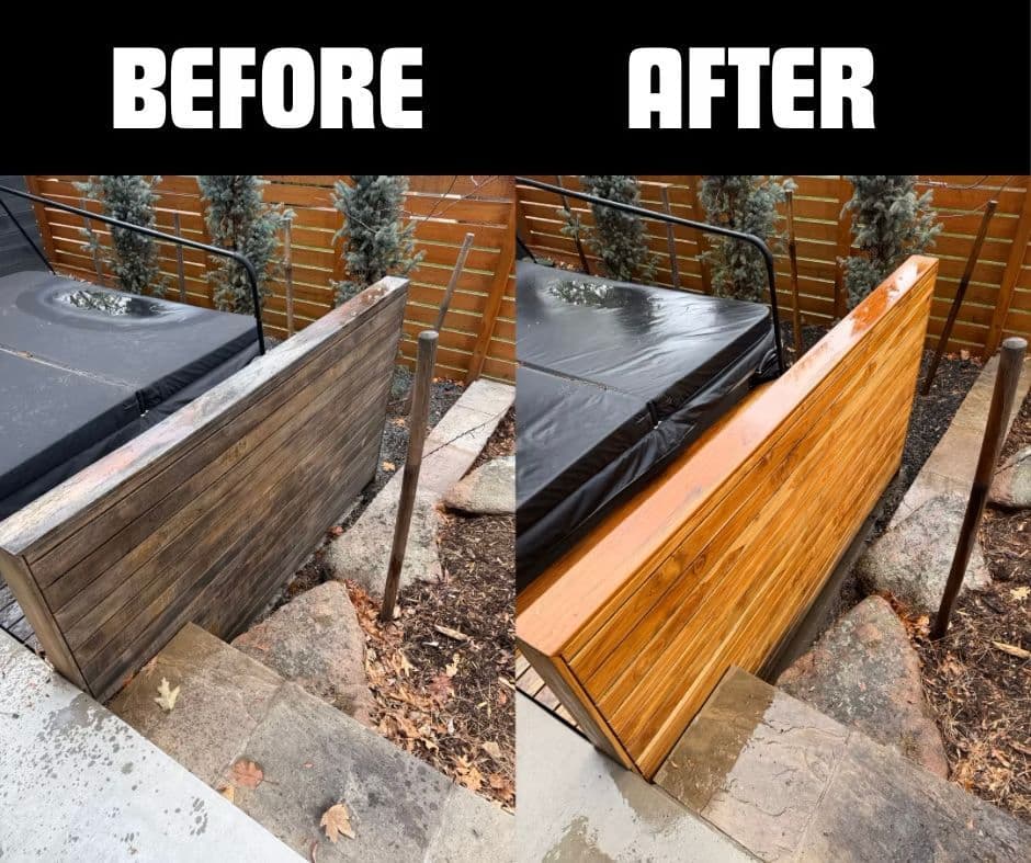 Before and after transformation of a wooden fence, showcasing cleanup and restoration.
