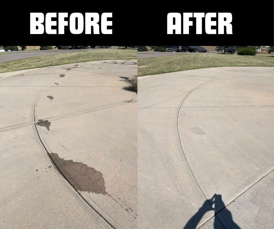 Comparison of concrete cleaning: before shows stains, after is clean and restored.